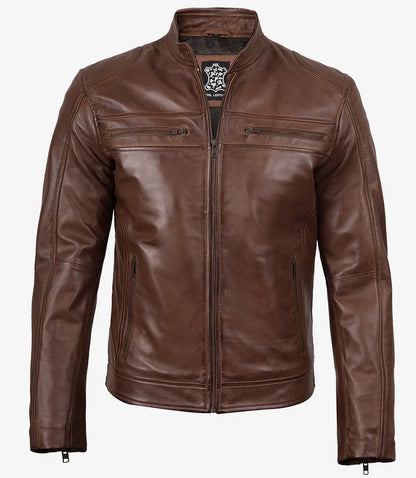 Men’s Cognac Brown Cafe Racer Lambskin Leather Jacket