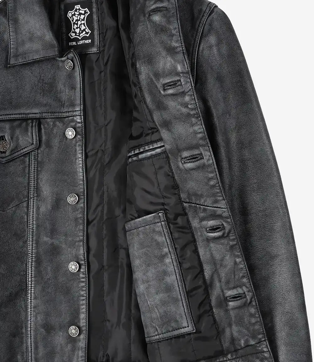 Men’s Black Distressed Real Leather Trucker Jacket