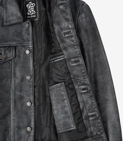 Men’s Black Distressed Real Leather Trucker Jacket