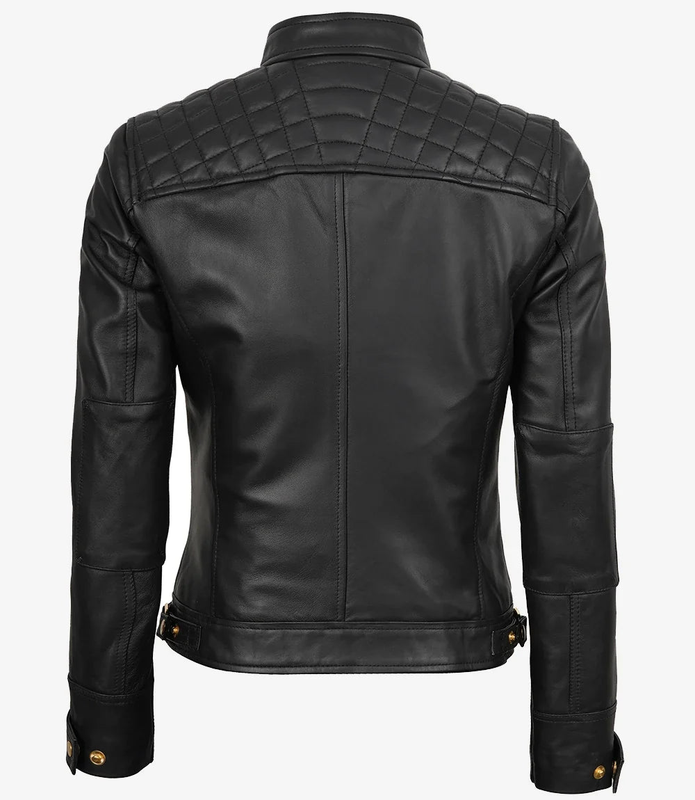 Women's Black Quilted Lambskin Biker Jacket — Gold Zippers & Snap Cuffs