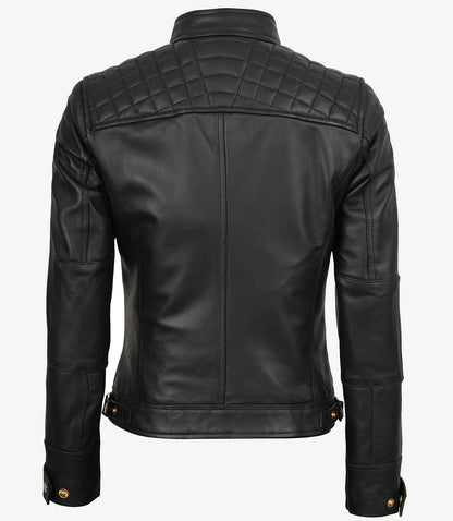 Women's Black Quilted Lambskin Biker Jacket — Gold Zippers & Snap Cuffs