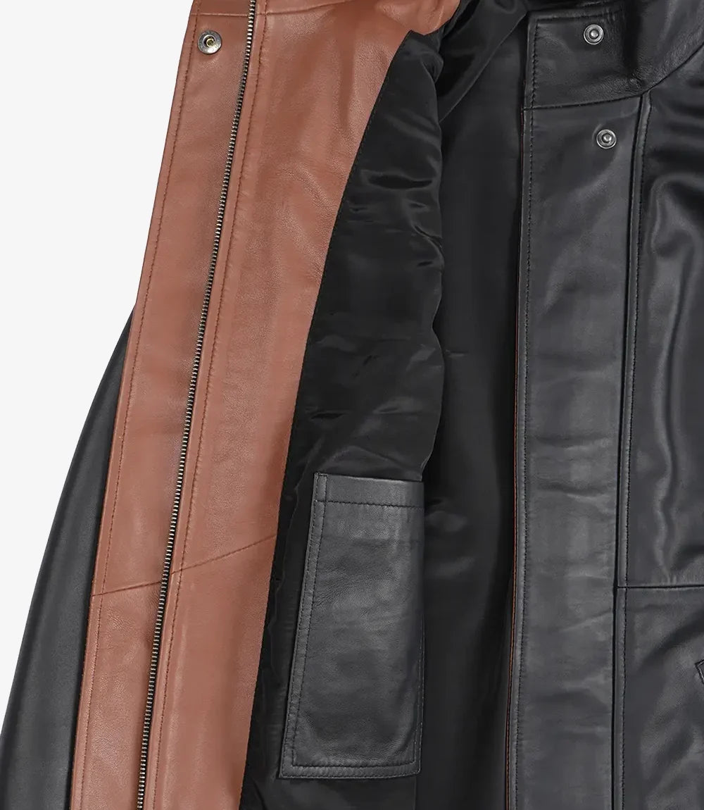 Women's Black Leather Jacket with Brown Contrast Collar