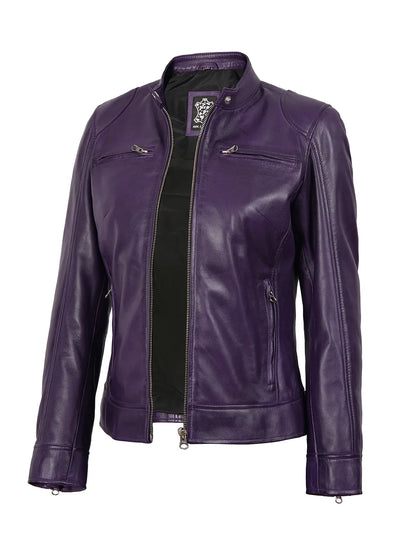 Dodge Womens Biker Style Purple Leather Jacket
