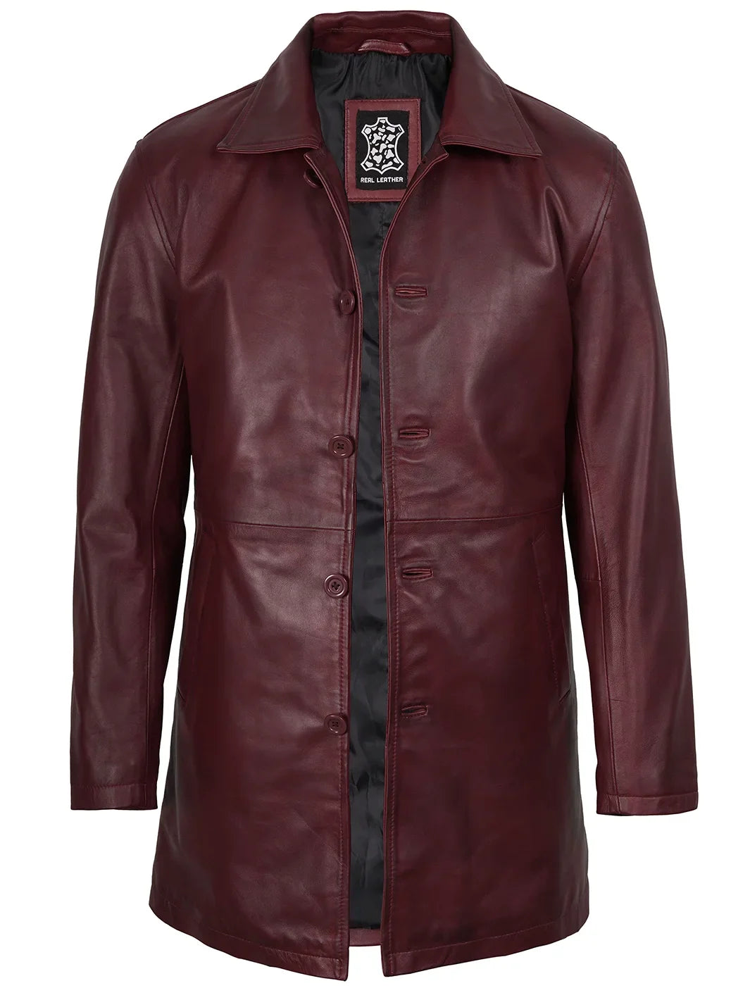 Mens Burgundy Real Lambskin Leather Car Coat