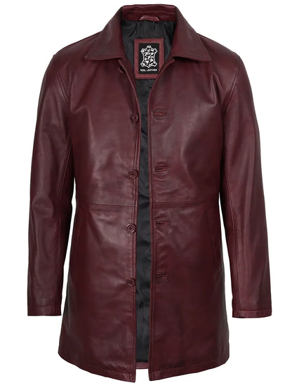 Mens Burgundy Real Lambskin Leather Car Coat