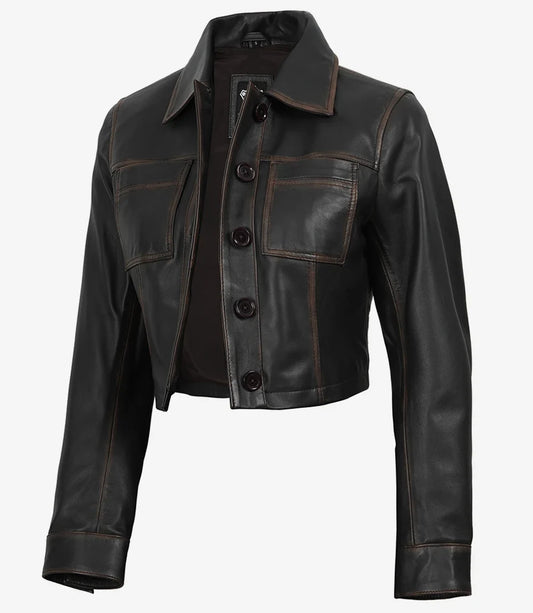 Women's Dark Brown Cropped Harrington Leather Jacket
