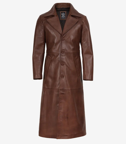 Men's Dark Brown Leather Long Duster Coat with Waist Adjuster