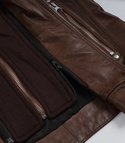 Women's Cognac Brown Real Leather Jacket With Removable Hood