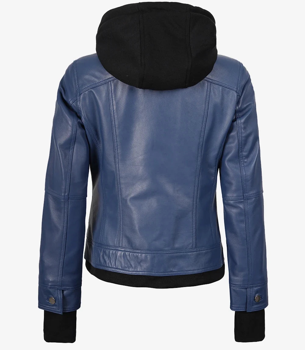 Women's Blue Lambskin Bomber Jacket with Removable Hood