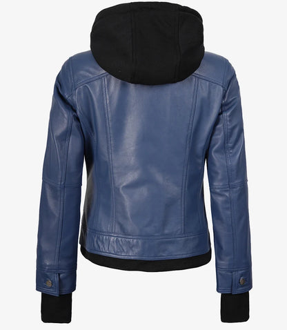 Women's Blue Lambskin Bomber Jacket with Removable Hood