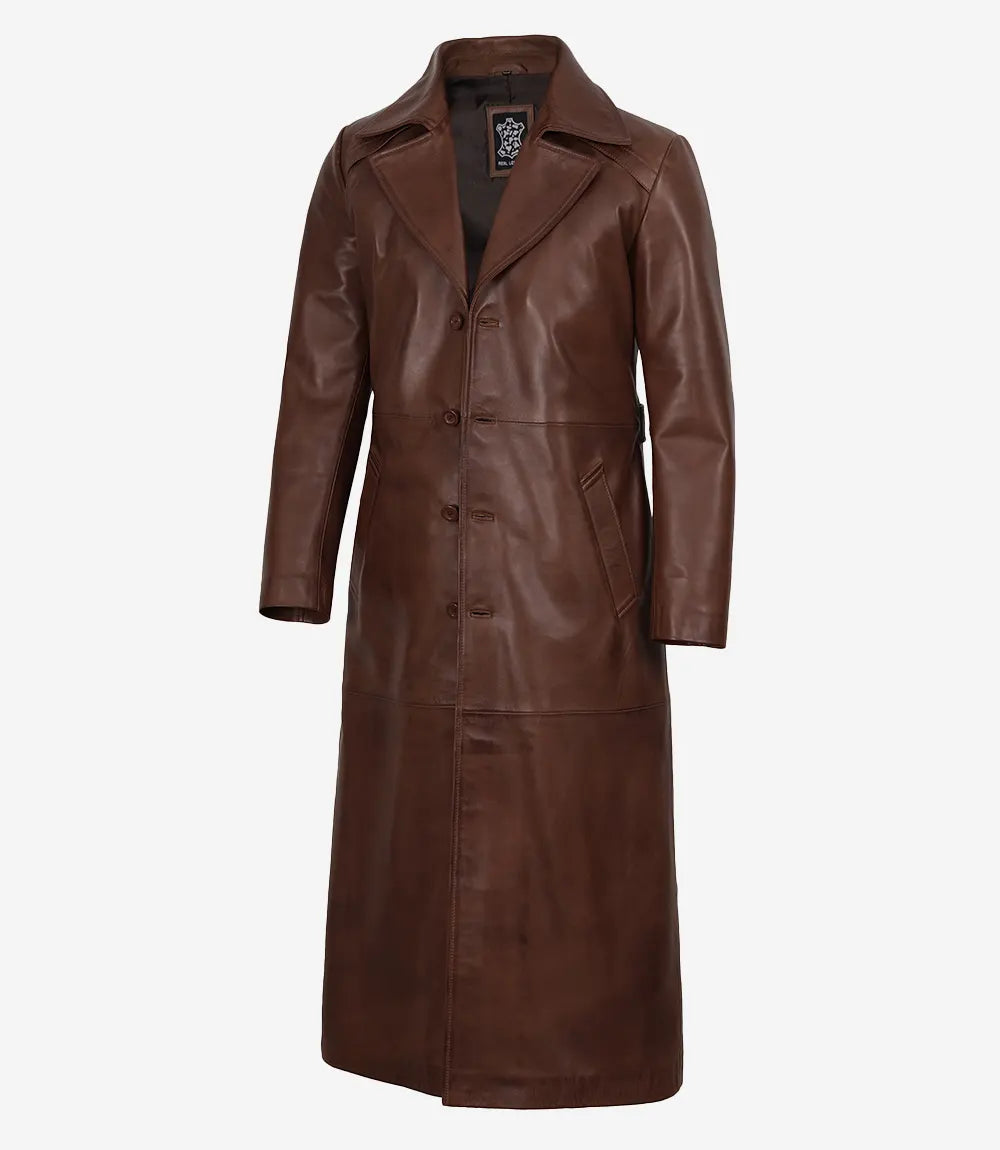 Men's Dark Brown Leather Long Duster Coat with Waist Adjuster