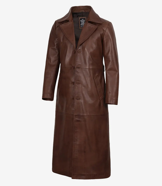 Men's Dark Brown Leather Long Duster Coat with Waist Adjuster