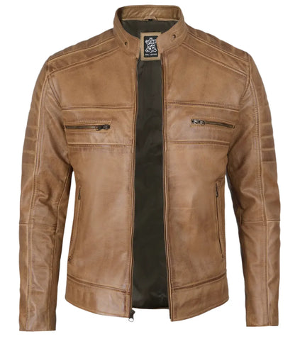 Austin Mens Distressed Tan Brown Cafe Racer Real Leather Jacket