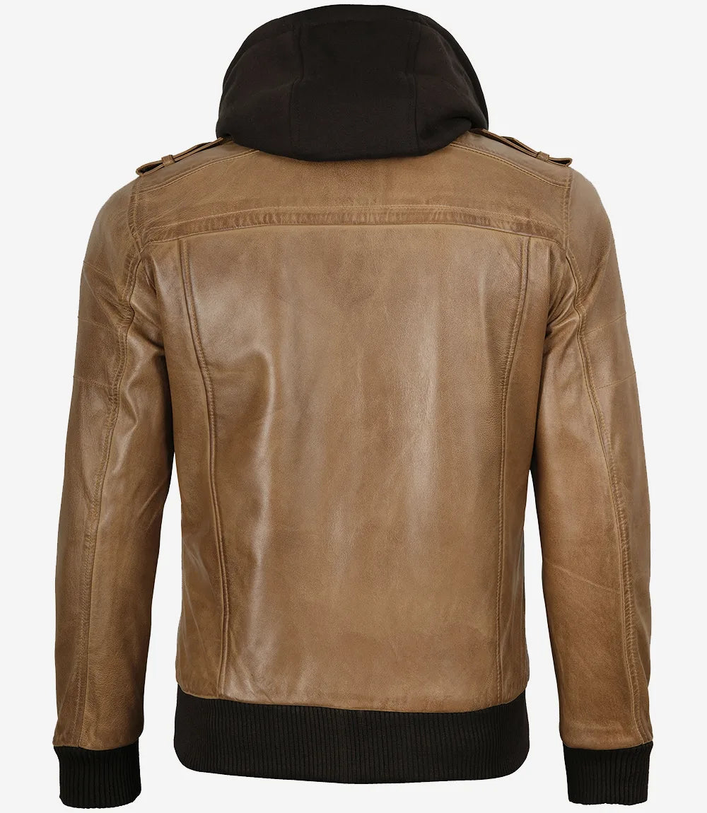 Men's Camel Brown Lambskin Bomber Jacket with Removable Hood