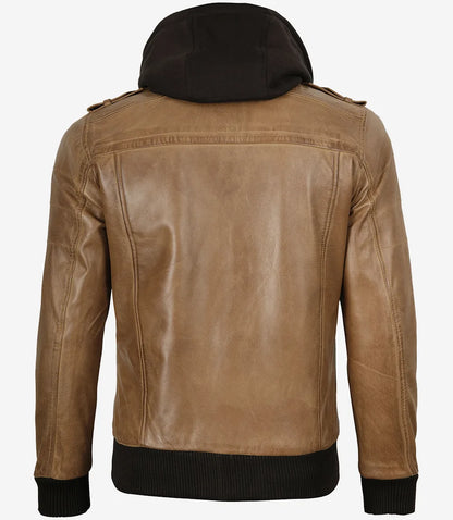 Men's Camel Brown Lambskin Bomber Jacket with Removable Hood