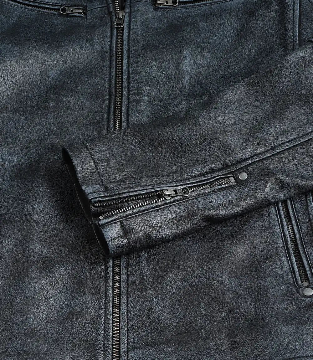 Men’s Black Washed Biker Style Leather Jacket