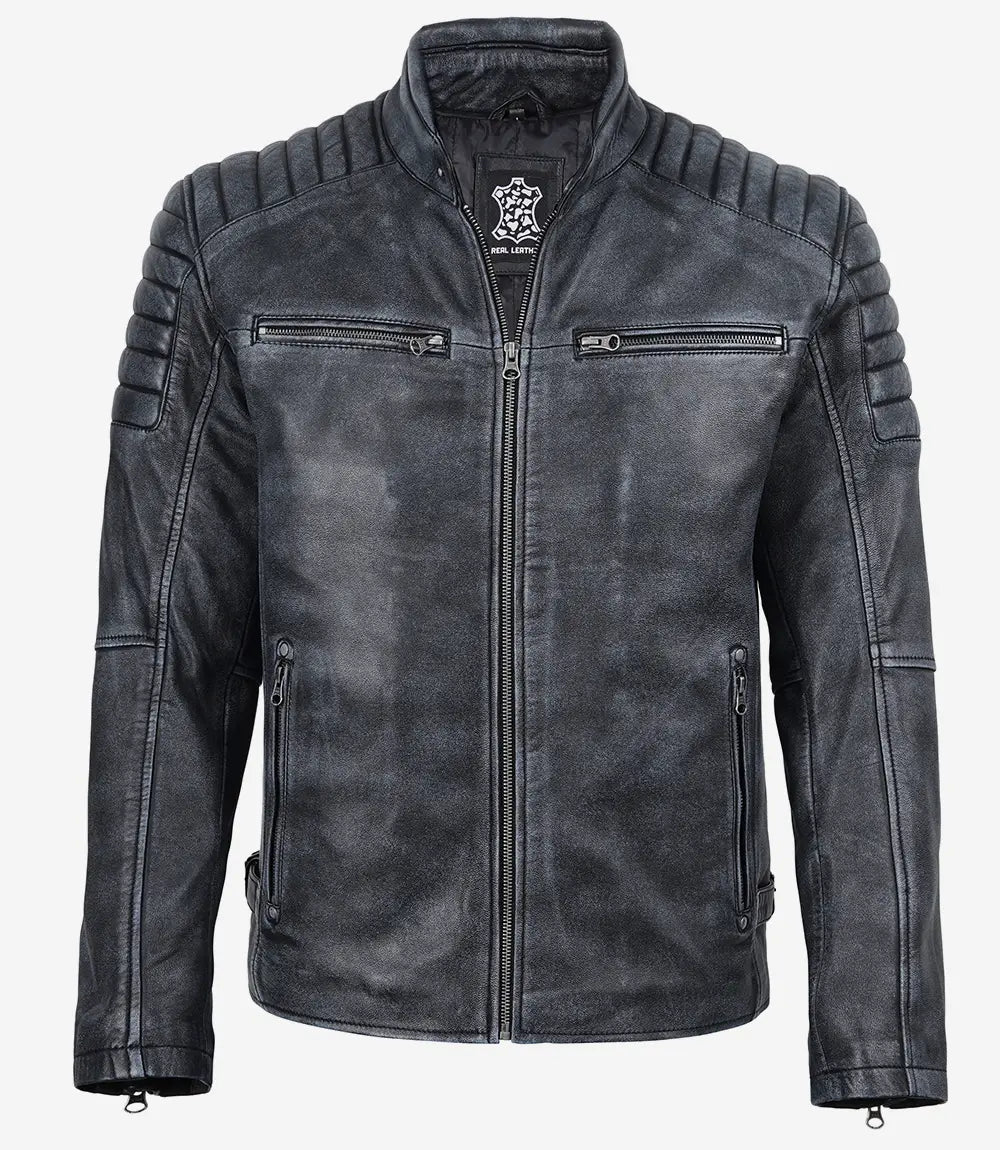 Men’s Black Washed Biker Style Leather Jacket