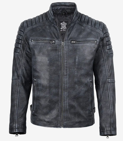 Men’s Black Washed Biker Style Leather Jacket