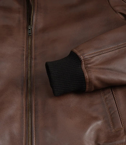 Men's Cognac Brown Lambskin Leather Bomber Jacket with Wax Finish