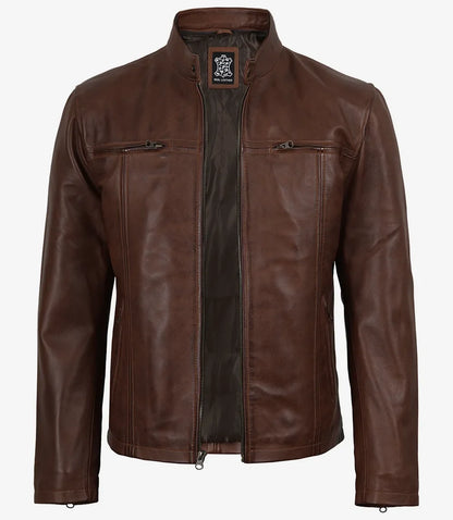 Mens Cognac Wax Cafe Racer Style Leather Jacket with Removable Hood