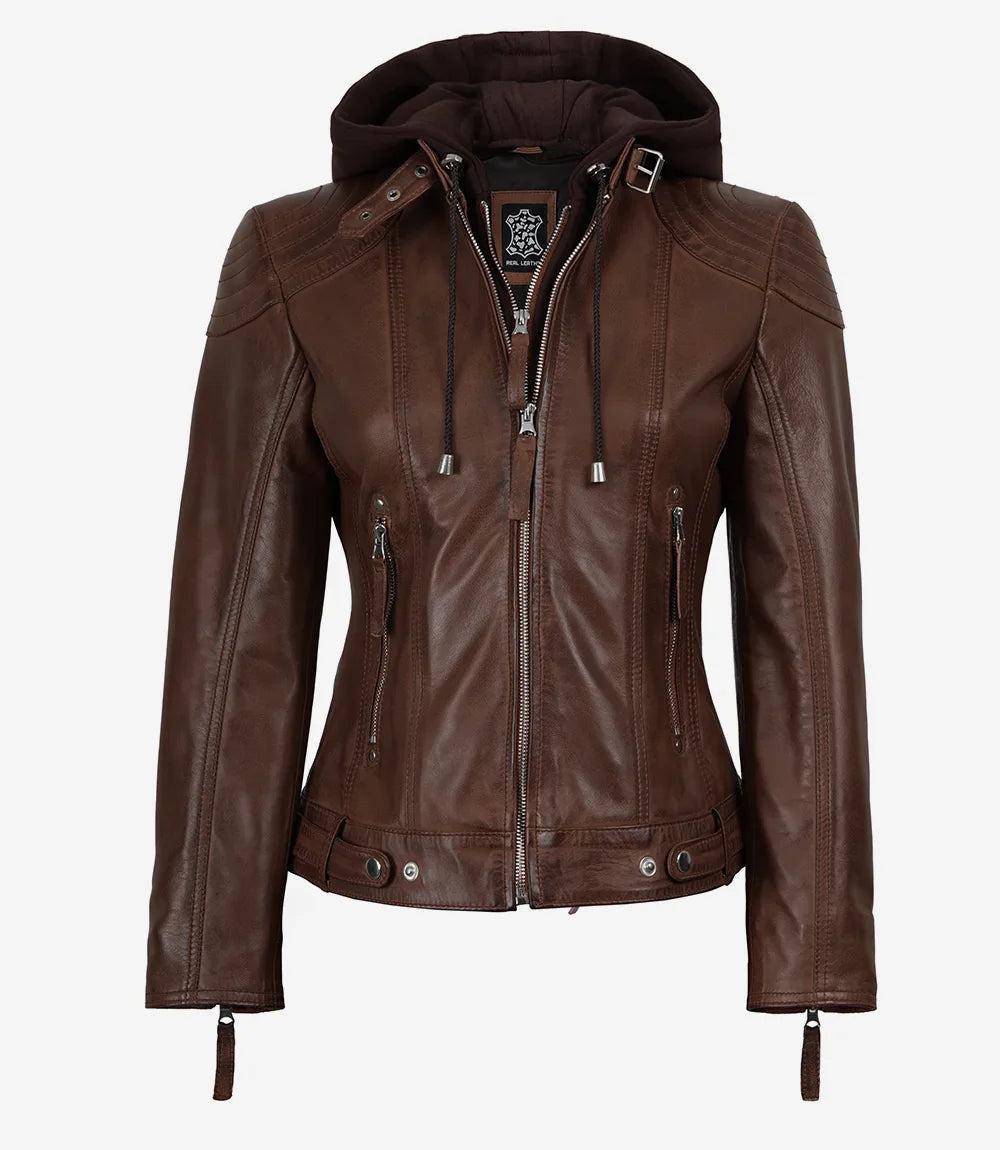 Women's Cognac Brown Real Leather Jacket With Removable Hood