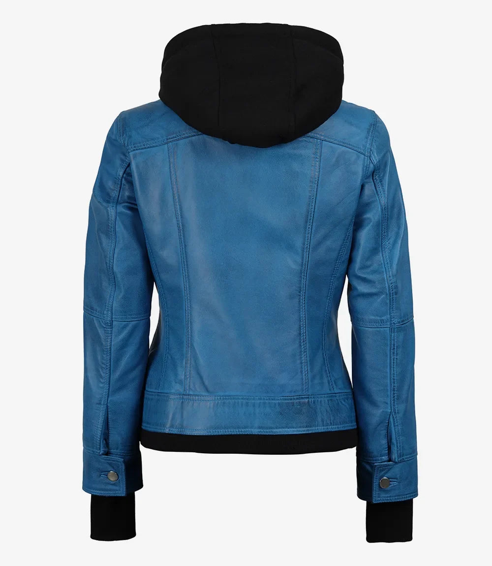 Women's Vivid Blue Lambskin Leather Jacket - Removable Hood
