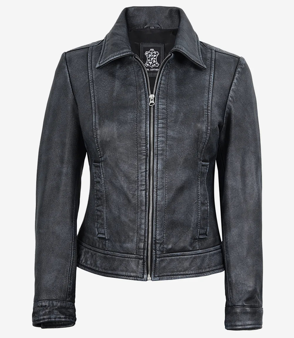 Women's Black Leather Harrington Jacket