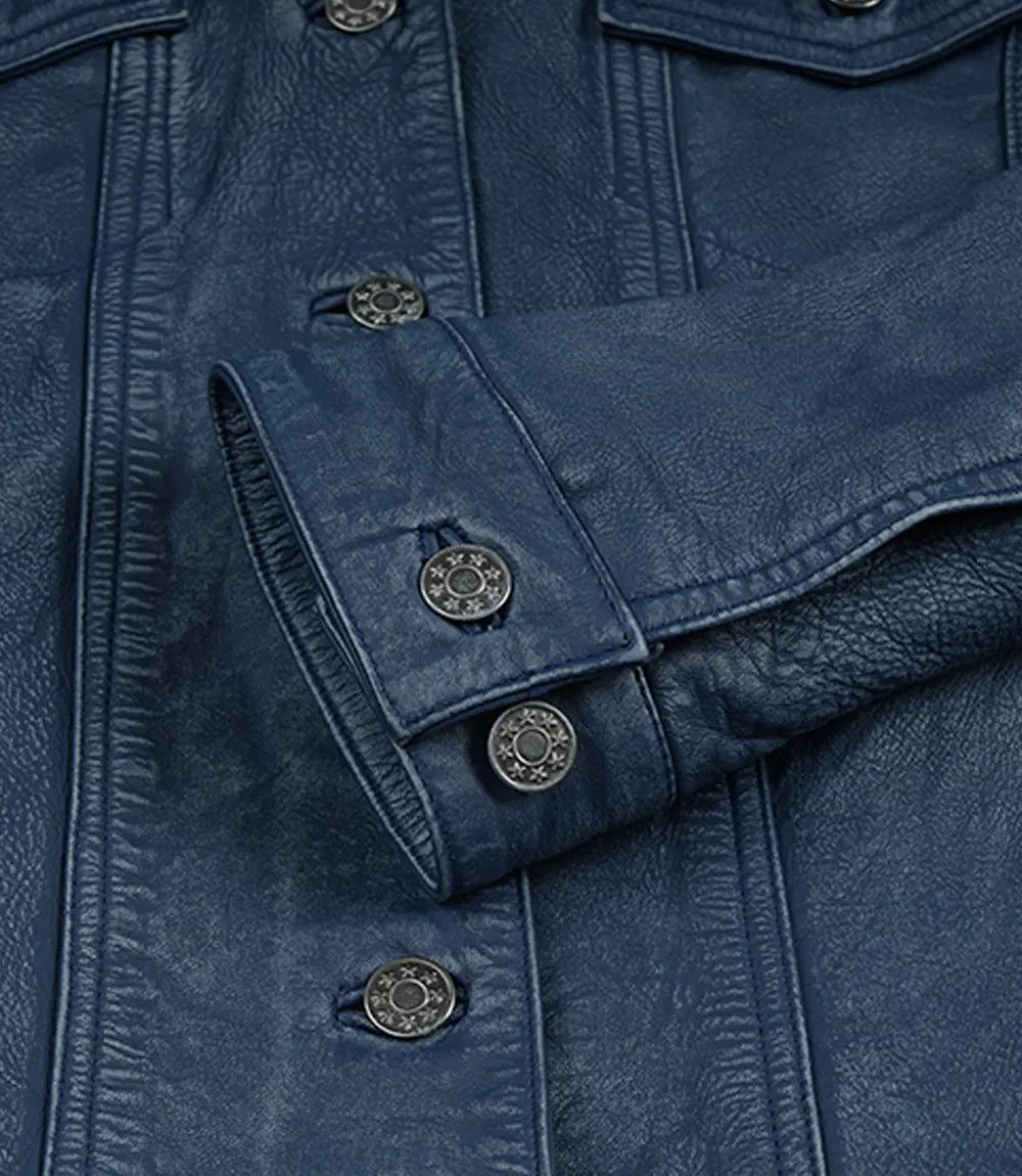 Women's Denim-Style Blue Washed Trucker Leather Jacket