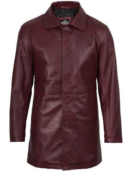 Mens Burgundy Real Lambskin Leather Car Coat