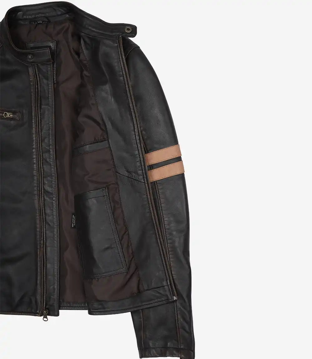 Men's Dark Brown Rub-Off Lambskin Cafe Racer Jacket with Tan Stripes