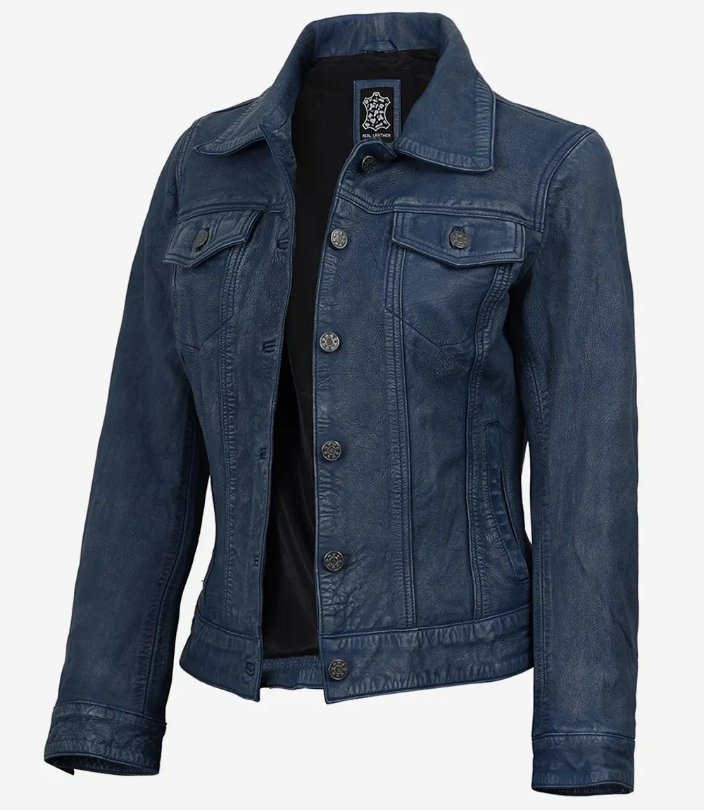 Women's Denim-Style Blue Washed Trucker Leather Jacket