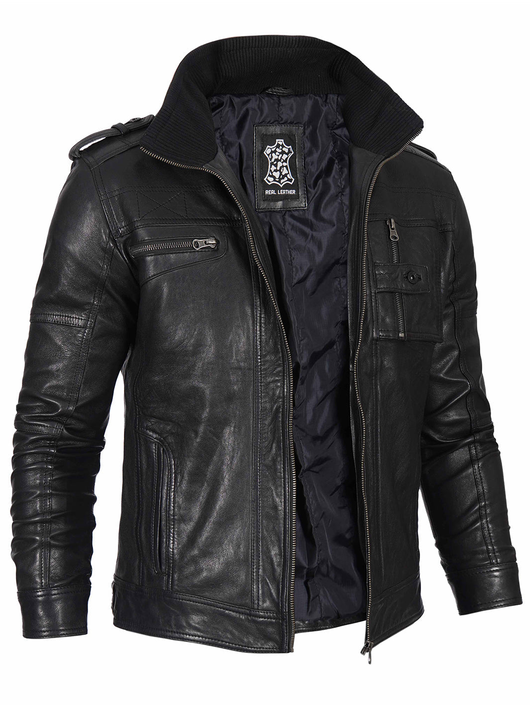 Mens Black Waxed Cafe Racer Style Leather Jacket