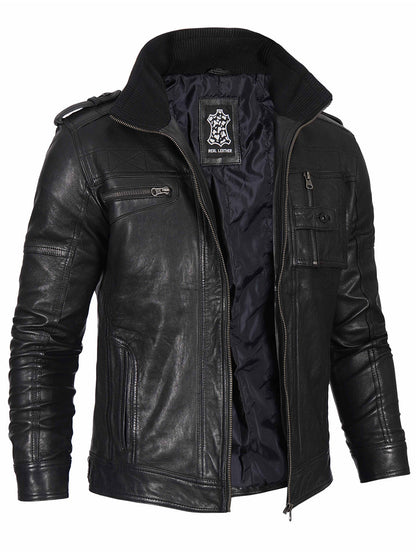 Mens Black Waxed Cafe Racer Style Leather Jacket