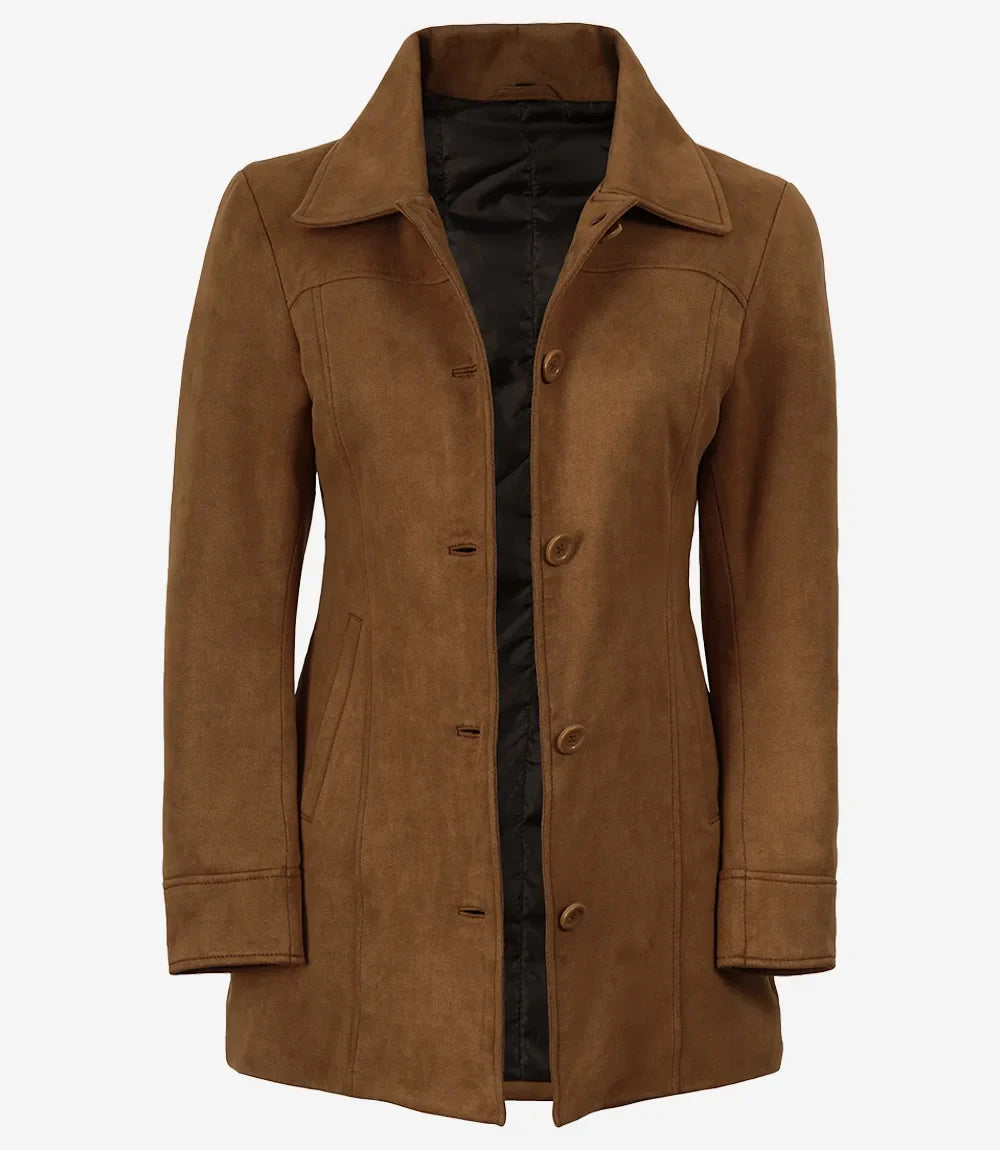 Women's 3/4 Length Button Down Light Brown Faux Suede Coat