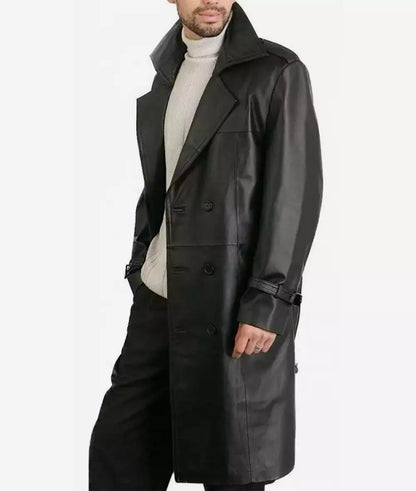 Mens Black Knee Length Leather Coat — Double-Breasted style
