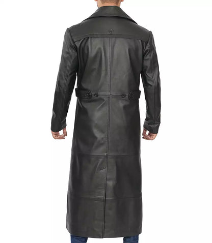 Men's Full-Length Black Leather Coat - Duster Coat