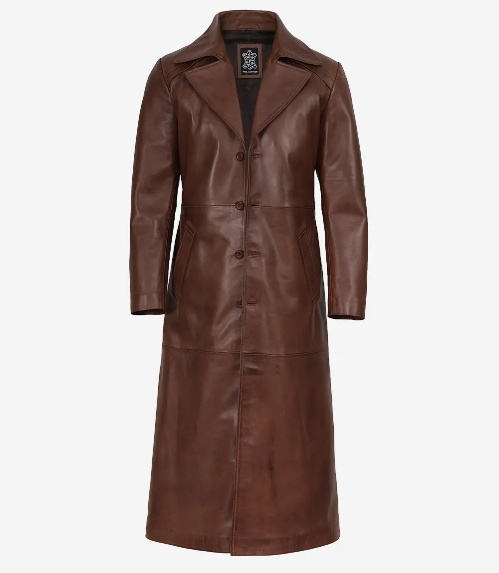 Men's Dark Brown Leather Long Duster Coat with Waist Adjuster