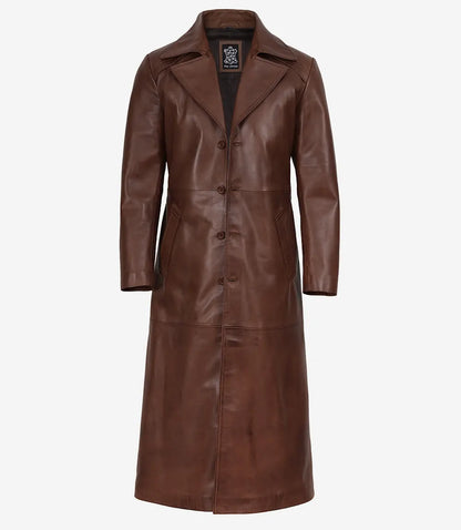 Men's Dark Brown Leather Long Duster Coat with Waist Adjuster