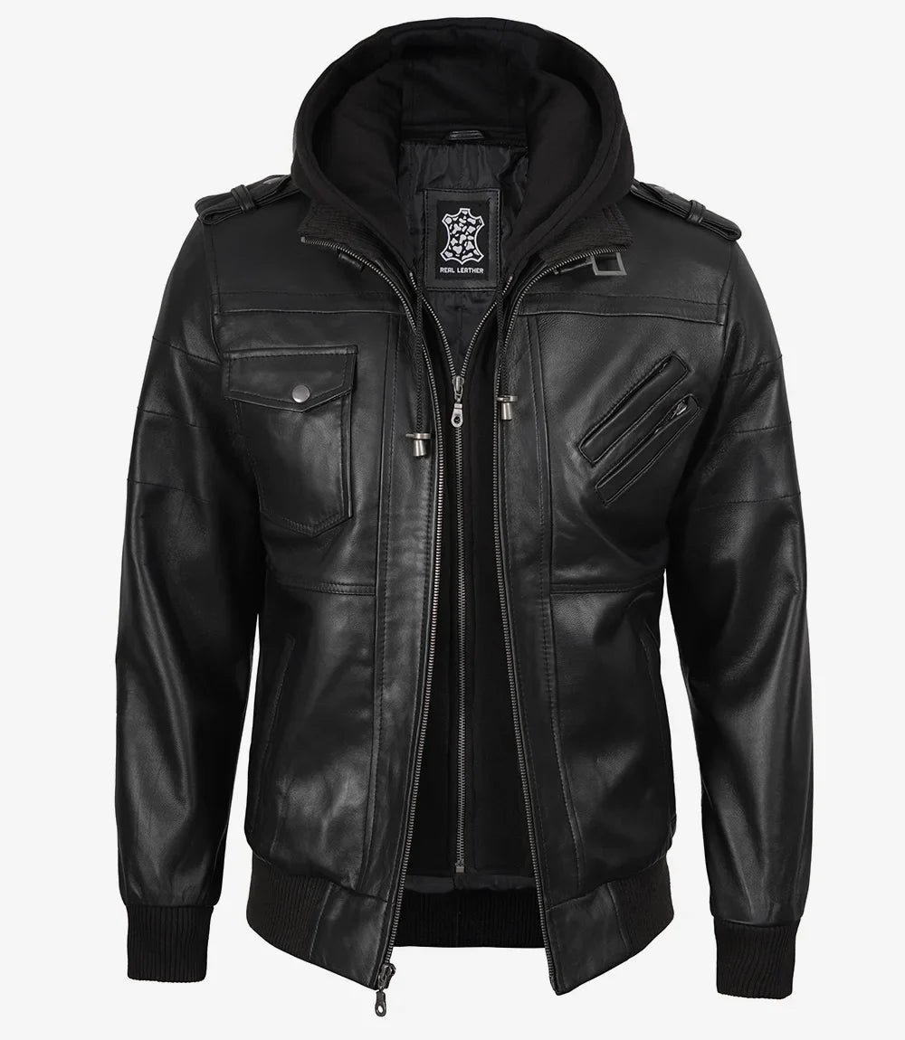 Mens Tall Black Leather Bomber Jacket with Removable Hood