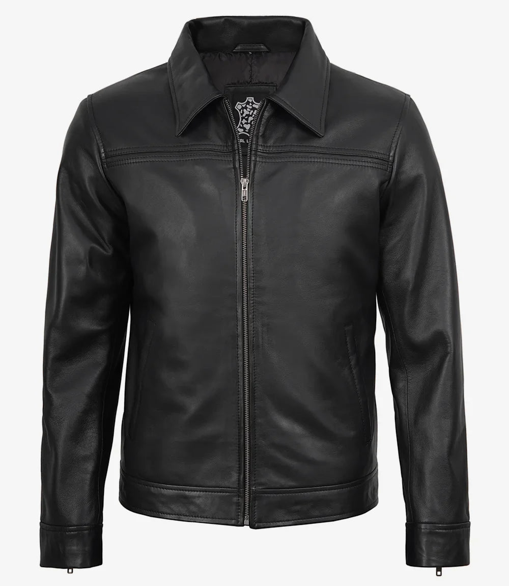Mark Men's Black Leather Shirt Collar Jacket
