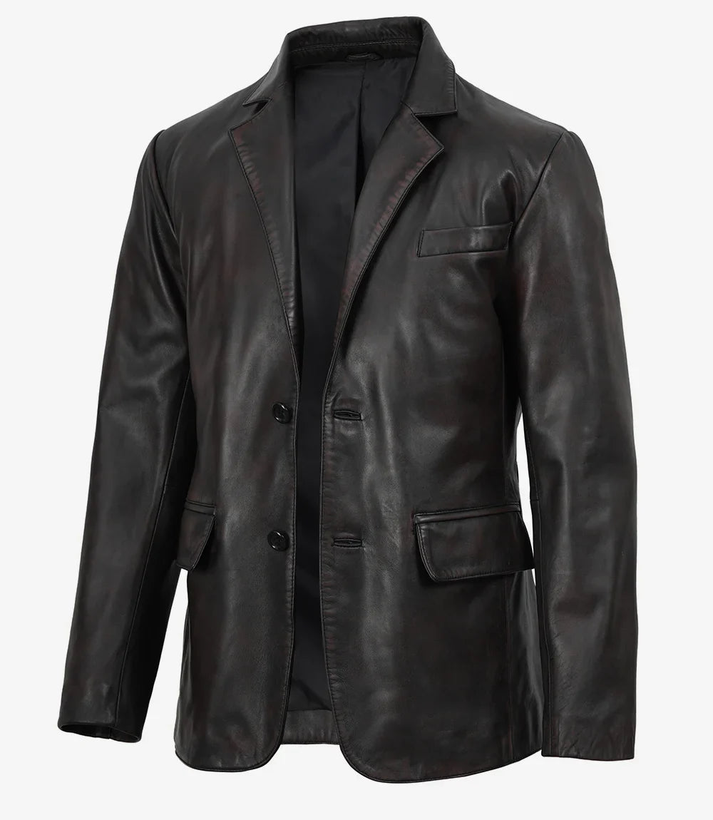 Juan Men's Two Toned Maroon Distressed Black Leather Blazer
