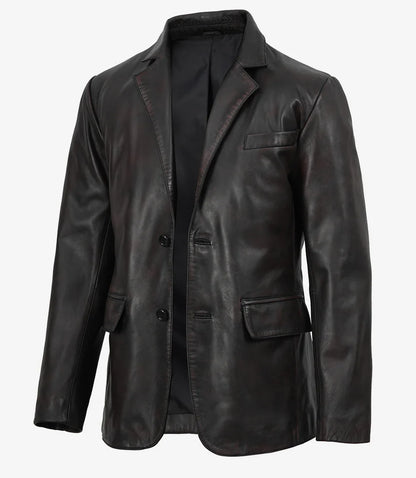 Juan Men's Two Toned Maroon Distressed Black Leather Blazer