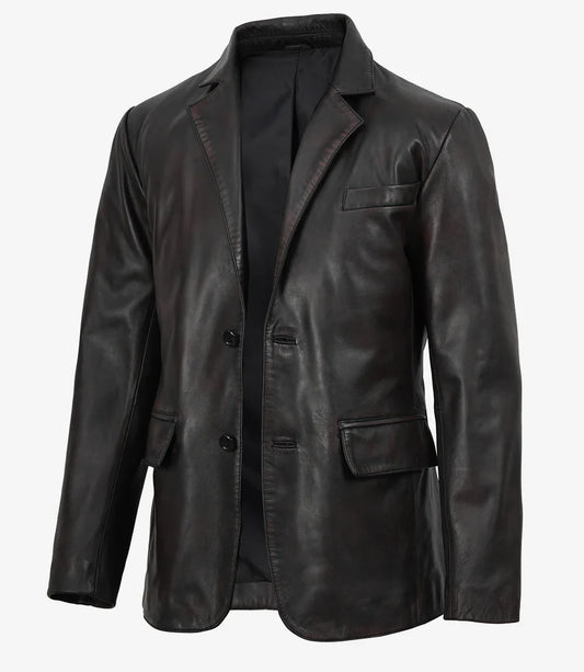 Juan Men's Two Toned Maroon Distressed Black Leather Blazer