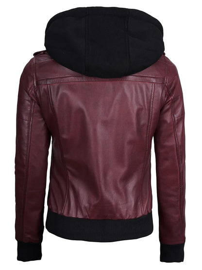 Women's Burgundy Leather Jacket with Removable Hood