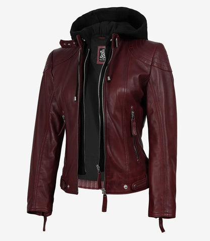 Women’s Maroon Waxed Real Leather Jacket with Removable Hood