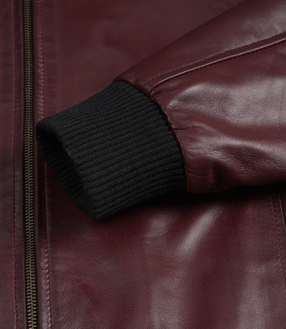 Men's Maroon Waxed Leather Bomber Jacket with Shirt Collar