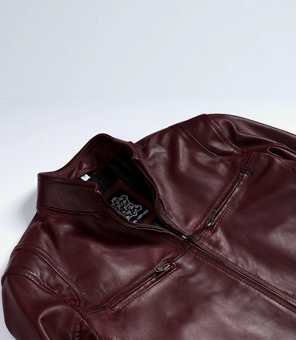 Men's Maroon Waxed Leather Biker Style Jacket