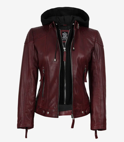 Women’s Maroon Waxed Real Leather Jacket with Removable Hood