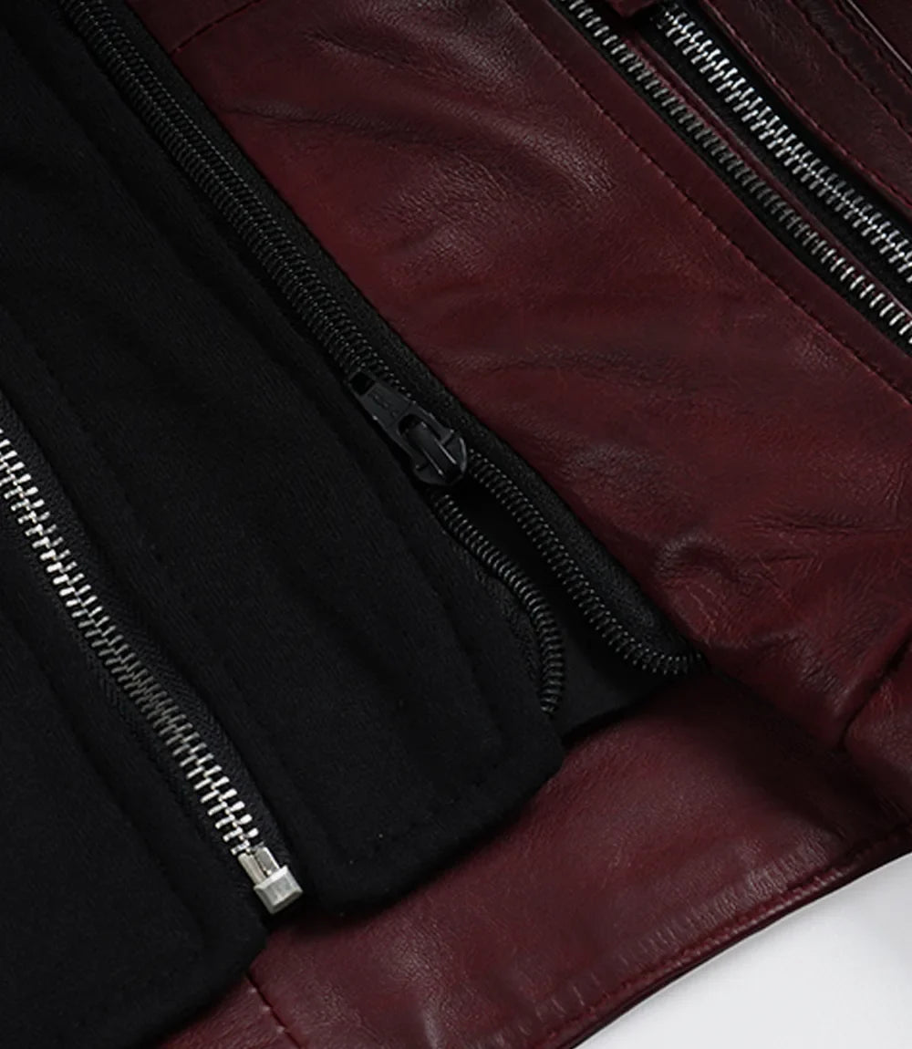 Women’s Maroon Waxed Real Leather Jacket with Removable Hood