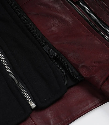 Women’s Maroon Waxed Real Leather Jacket with Removable Hood